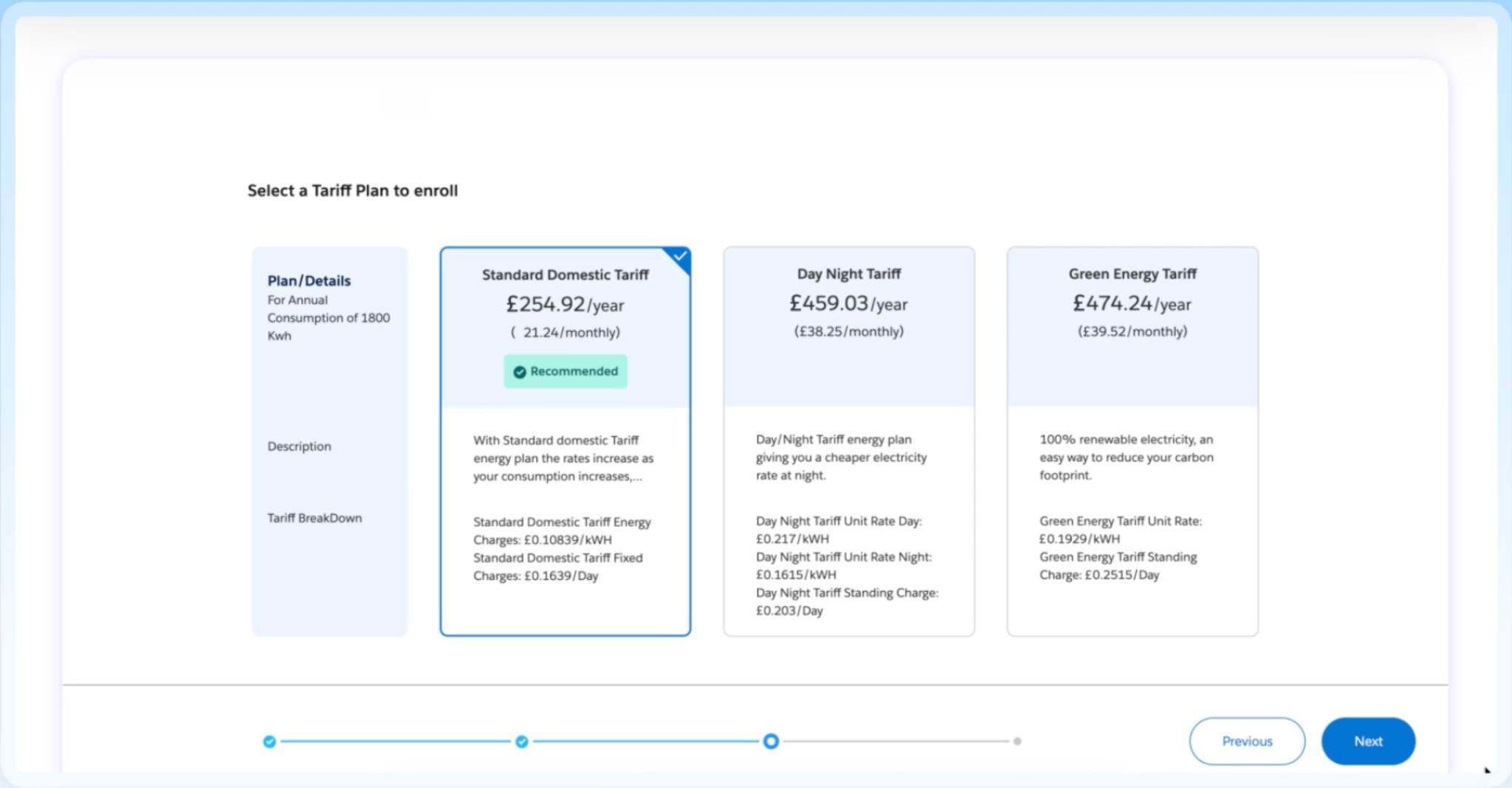 Tariff plan selection screen showing three energy options for a customer’s annual usage, each with rate breakdowns.