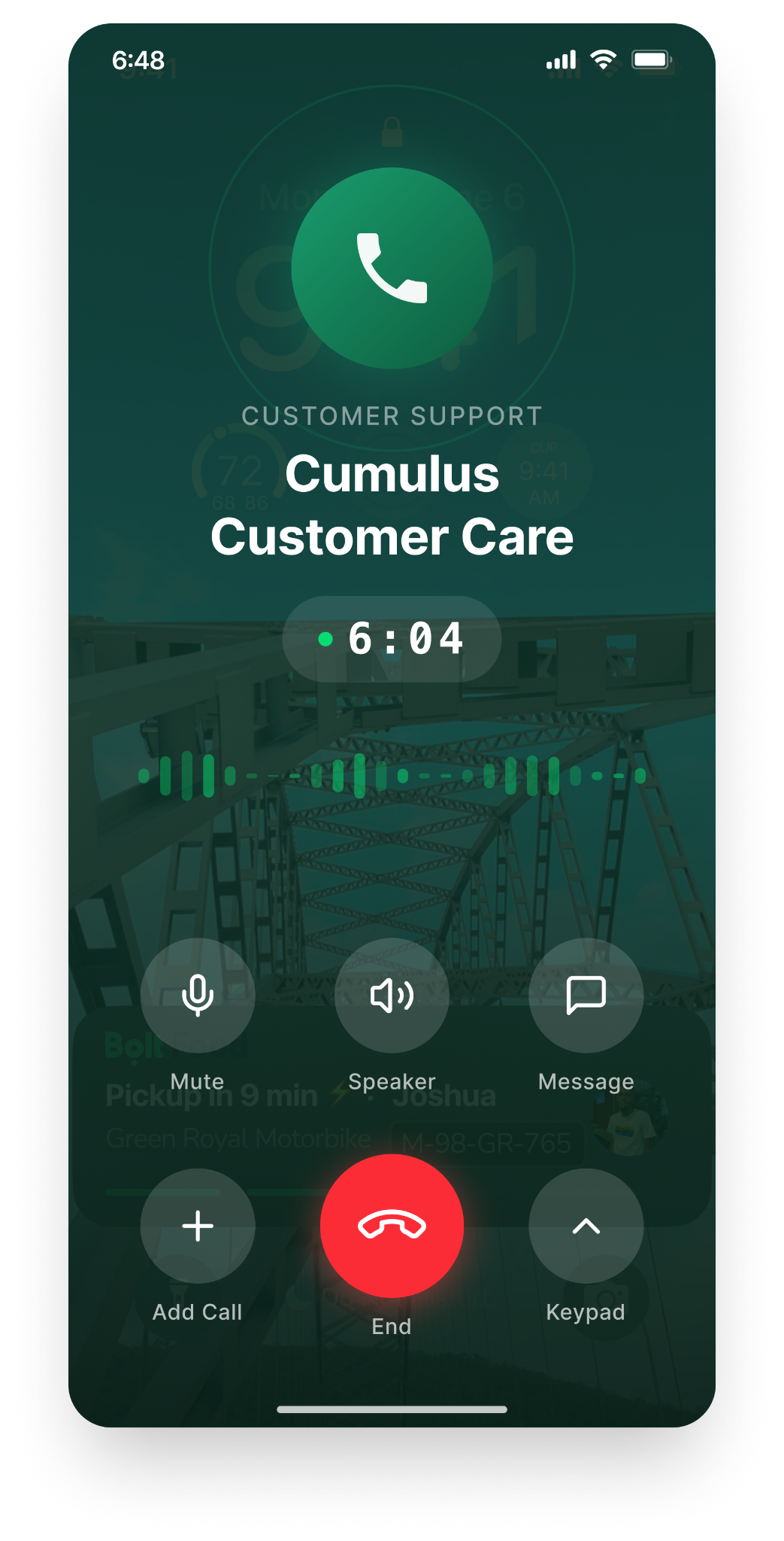 Phone screen showing an active call with Cumulus Customer Care, representing a customer filing a claims intake report.