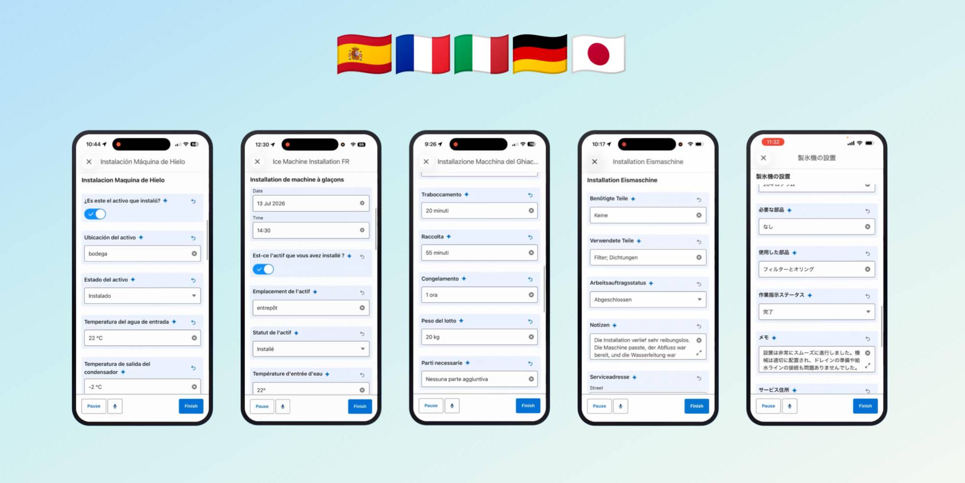Forms on mobile screens in different languages.