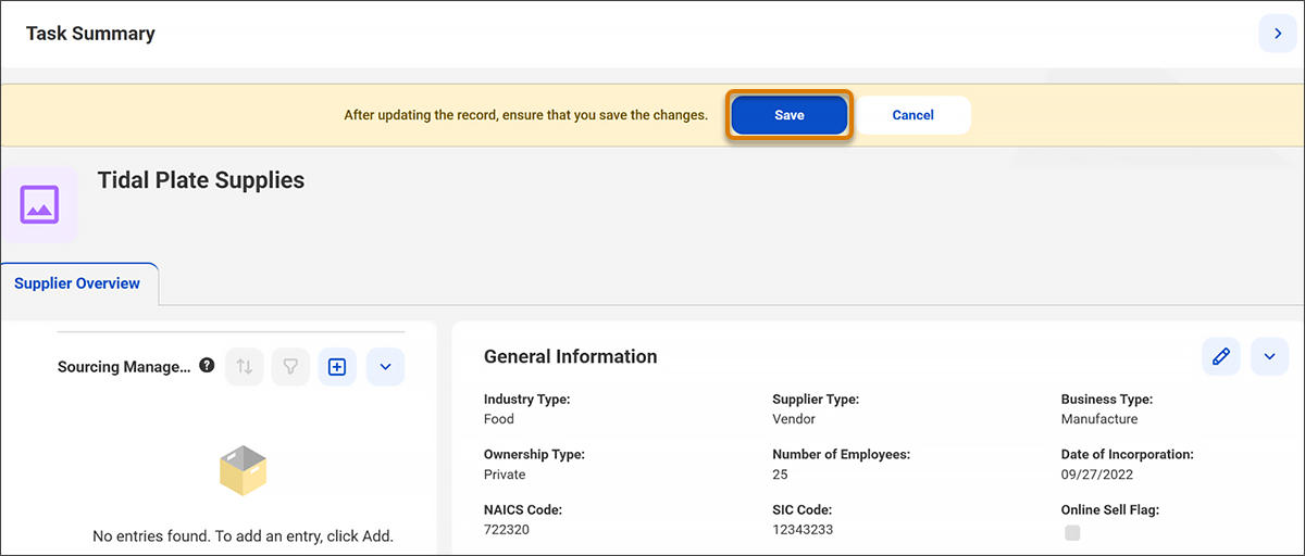 Task Summary page for Tidal Plate Supplies with the Save button highlighted.