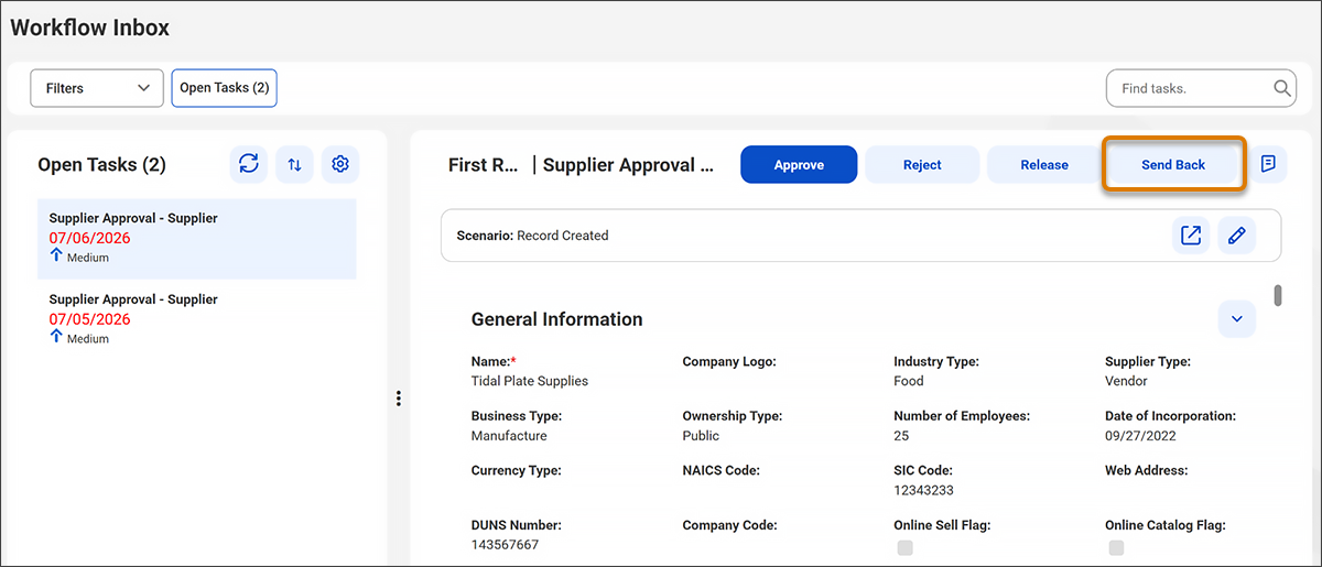 Workflow Inbox shows the Send Back action highlighted for a Supplier Approval task.