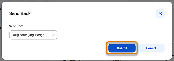 Send Back dialog shows the Submit button highlighted.