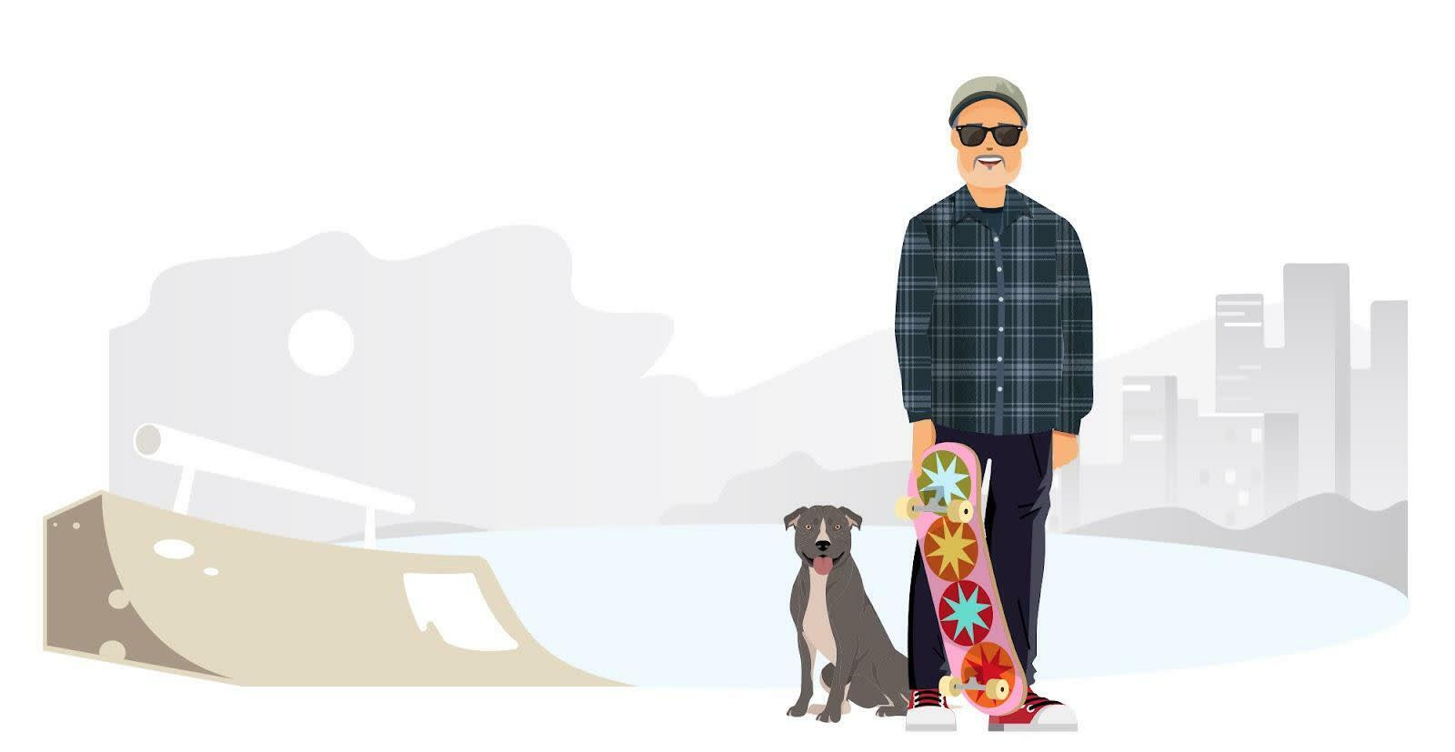 A Salesforce employee standing with his dog and skateboard, wearing sunglasses.