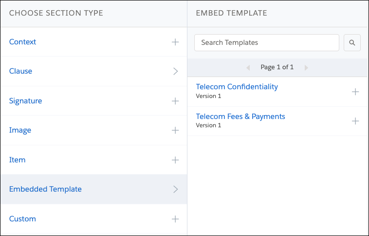 Web document template designer UI to add telecom Fees & Payments template in document sections