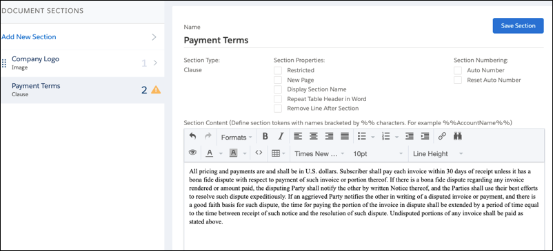Define Clause section to display clause in the contract document.