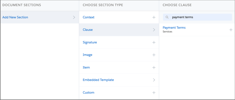 ドキュメントセクションに支払条件条項を追加するための Document Template Designer の UI