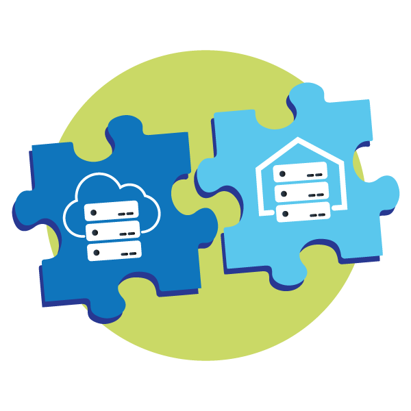 Two puzzle pieces being put together, one with a cloud and one with a physical data center