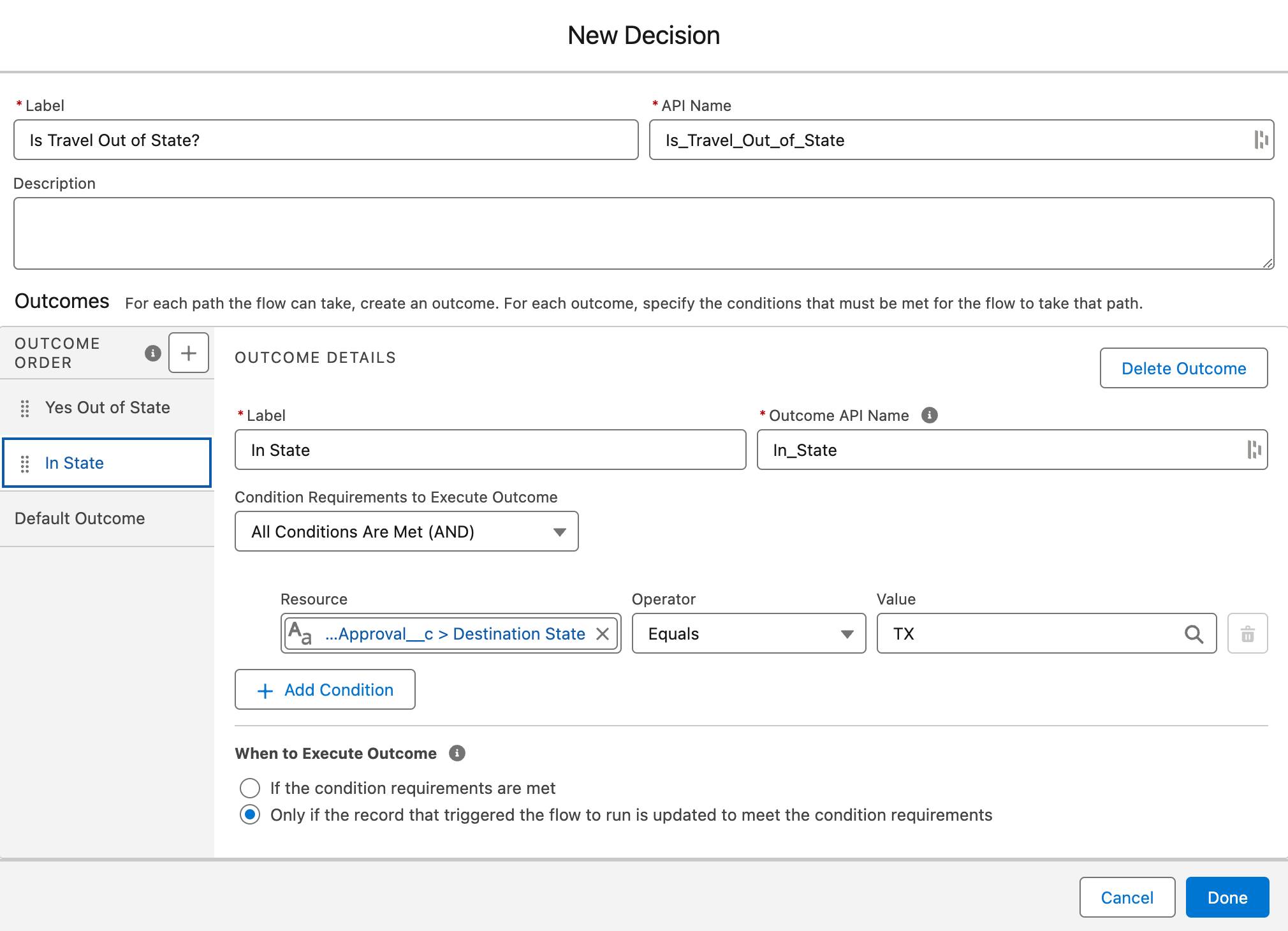 Second Decision outcome with values entered.