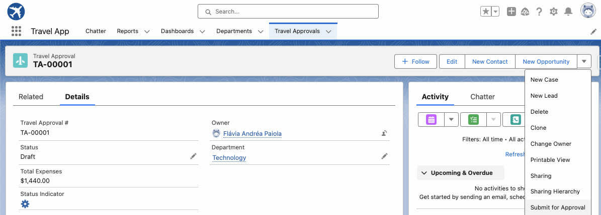 Travel Approvals tab with Submit for Approval selected