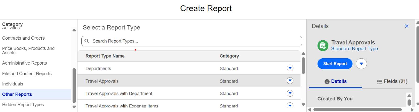 Choose Report Type (Choisir un type de rapport) avec Travel Approvals (Approbations de déplacement) sélectionné.