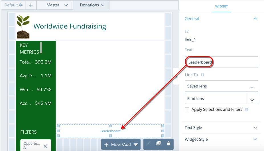 The edit pane to the right of the widget is open with Leaderboard entered in the text field. It’s called out by a red box with an arrow pointing to the widget indicating where the text is displayed.