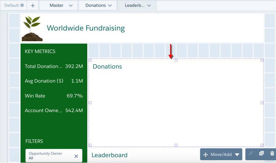 On the Leaderboard page, the container widget is moved down one row, with a red arrow pointing down highlighting the move.