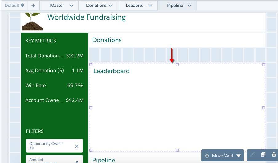 コンテナウィジェットが 1 行下に移動していて、下向きの赤い矢印が方向を示している。