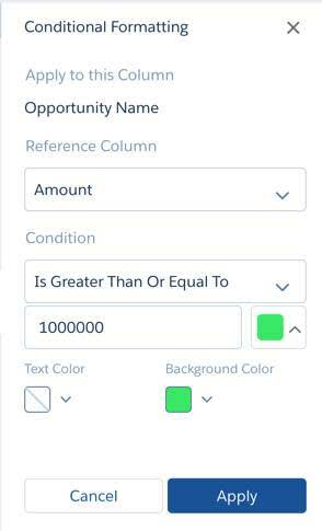 ウィジェットが選択されている場合の [Conditional Formatting (条件付き書式)] セクション。