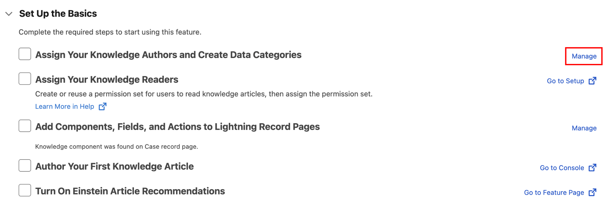 Manage link highlighted next to Assign Your Knowledge Authors and Create Data Categories.