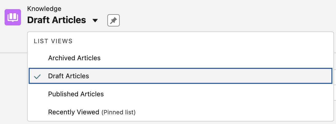 Modo de exibição de lista Draft Articles (Artigos de rascunho) selecionado.