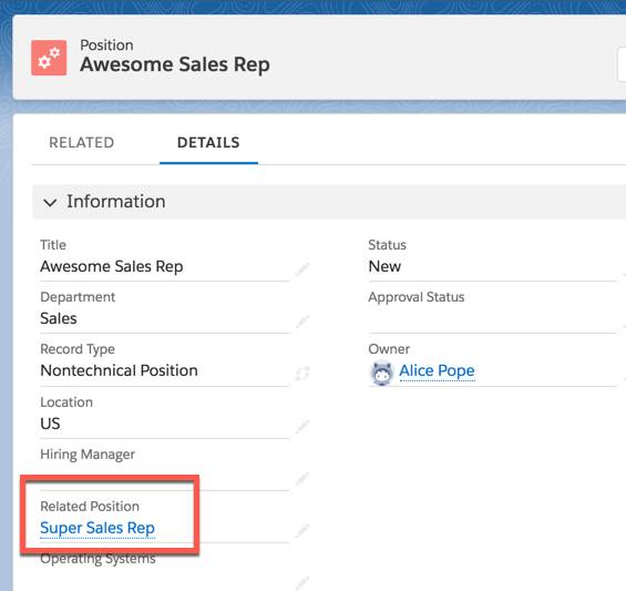 Page Awesome Sales Rep (Commercial hors-pair) où Super Sales Rep (Commercial d’exception) apparaît sous Related Position (Poste associé)
