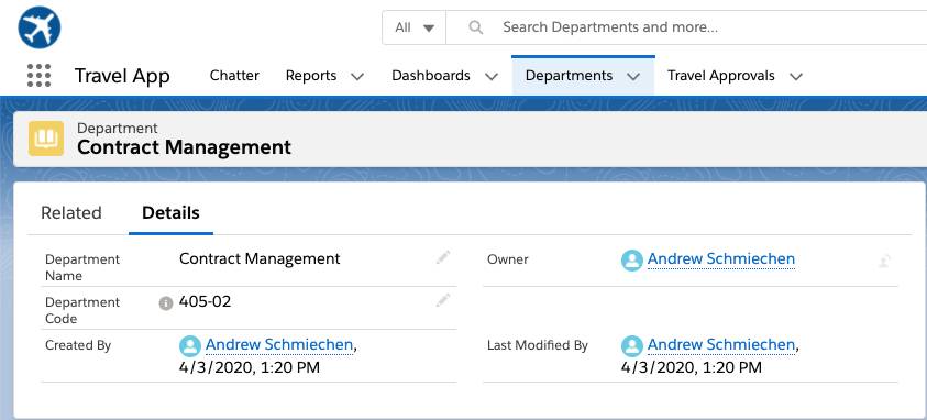 Screen for Contract Management in the Departments tab of the Travel App.