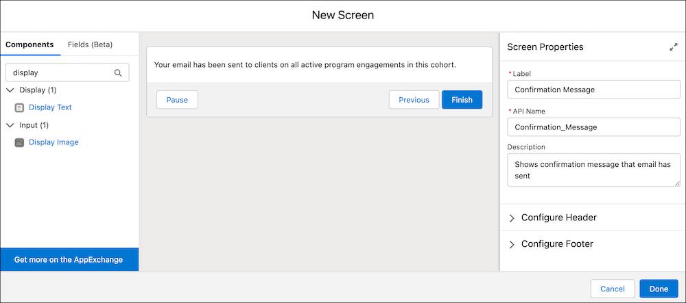 The New Screen window shows a preview of the screen.
