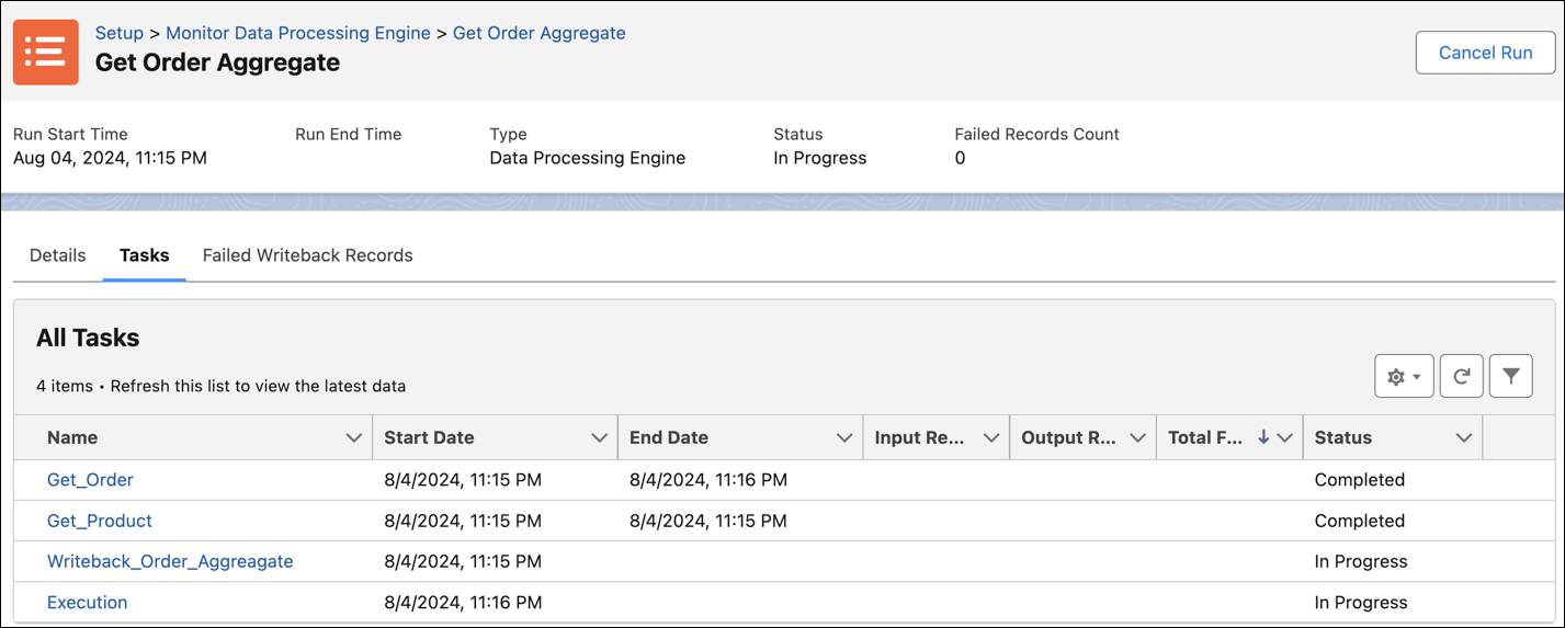 The Get Order Aggregate monitor workflow page showing the list of tasks and their run statuses.