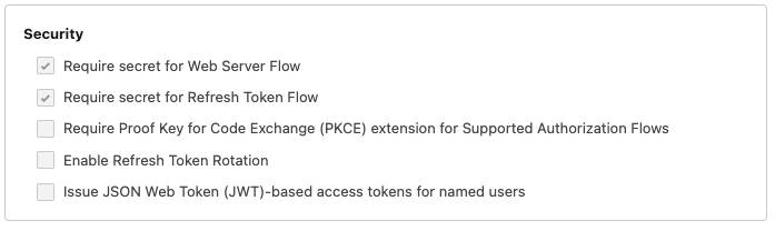 The Security section of the External Client App Manager creation page is open and the appropriate settings are selected.