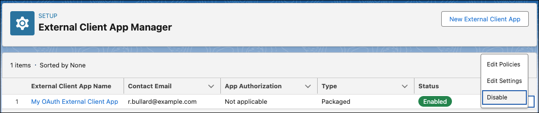 The External Client App Manager shows the app list with a packaged external client app. The dropdown menu is expanded and shows Edit Policies, Edit Settings, and Disable.