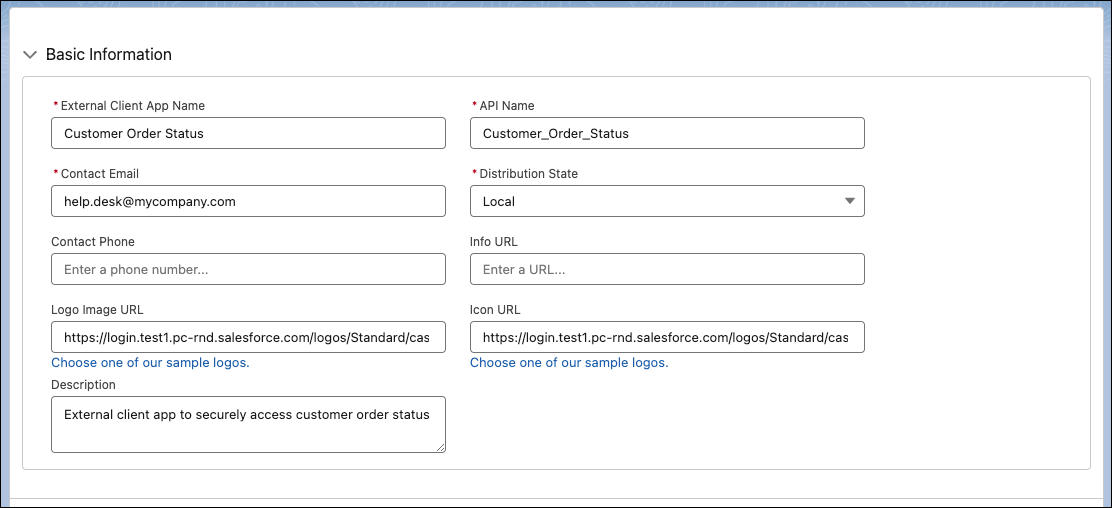 The External Client App Manager creation page is open and the basic information is entered in each of the fields.