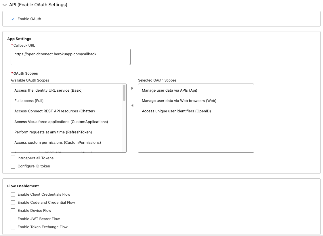 The OAuth Settings section of the External Client App Manager creation page is open and the relevant information is entered in each of the fields.