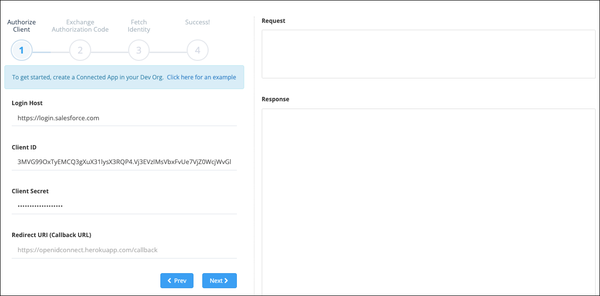 The OpenID Connect Playground is open with the default information in the fields.