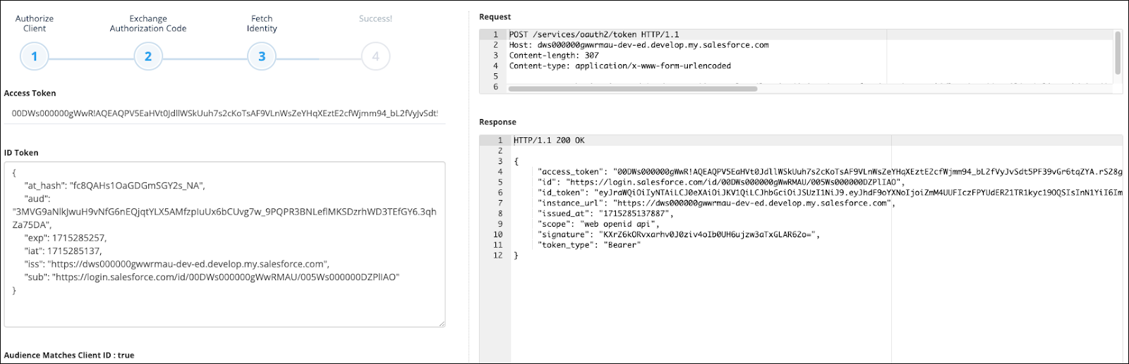 The OpenID Connect Playground is open with the access token request and the Heroku server’s response in the Request and Response fields.