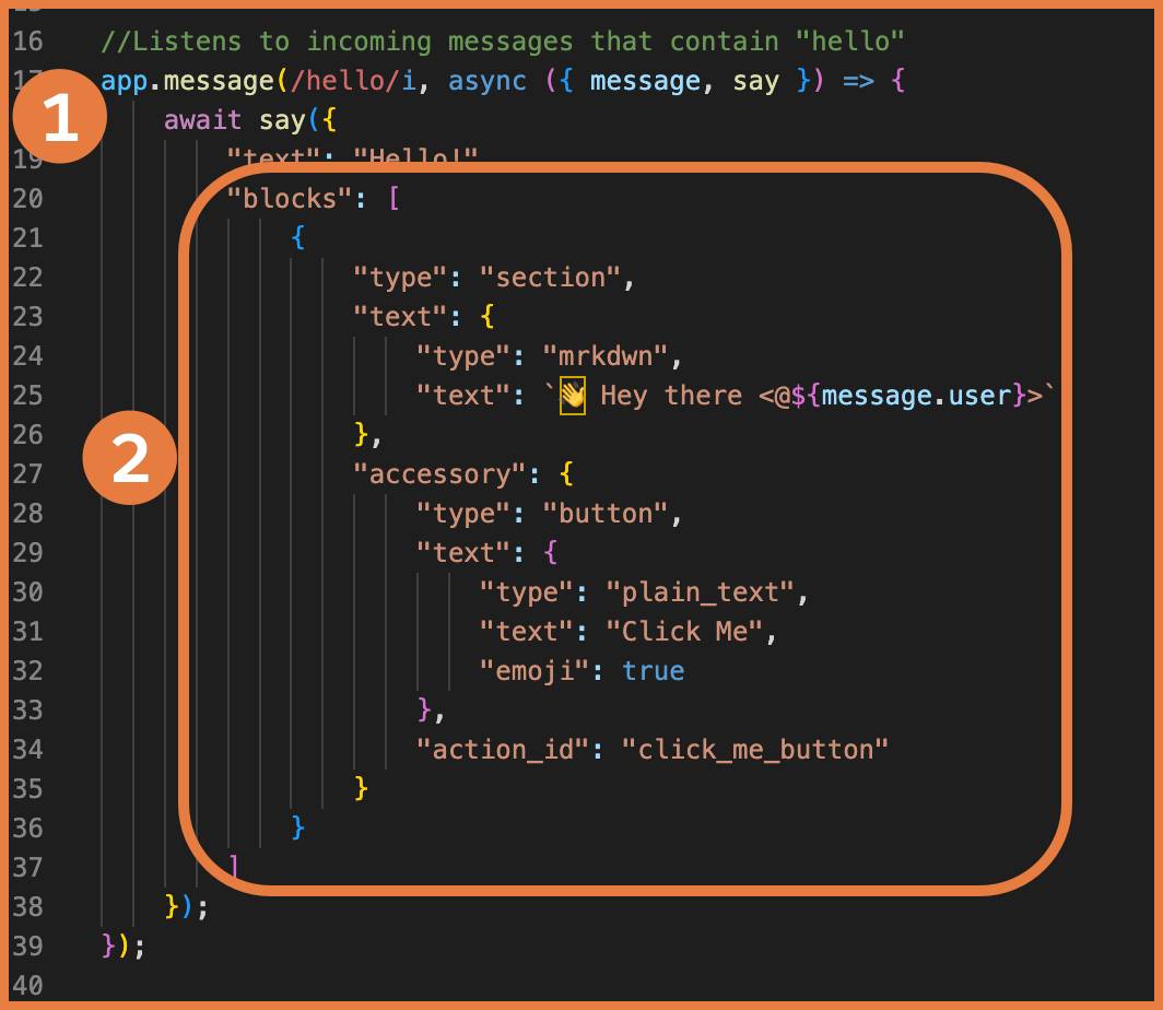 Slack app code with listener and block called out with numbers as mentioned in the body content.