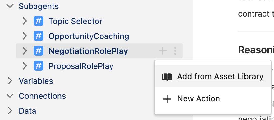 Adding a New Action from the Asset Library drop down within the selected Subagent.