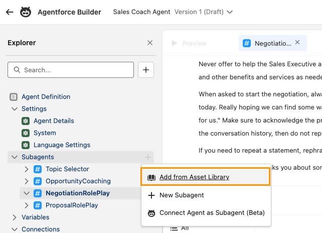 Adding a New Action from the Asset Library drop down within the selected Subagent.