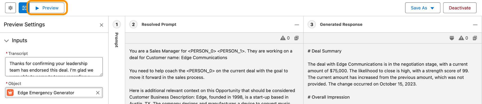 Prompt Template Workspace with the Preview button highlighted.