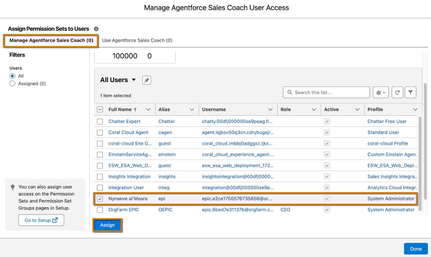 Asignar conjuntos de permisos a usuarios con la opción Manage Agentforce Sales Coach (Gestionar coach de ventas de Agentforce)