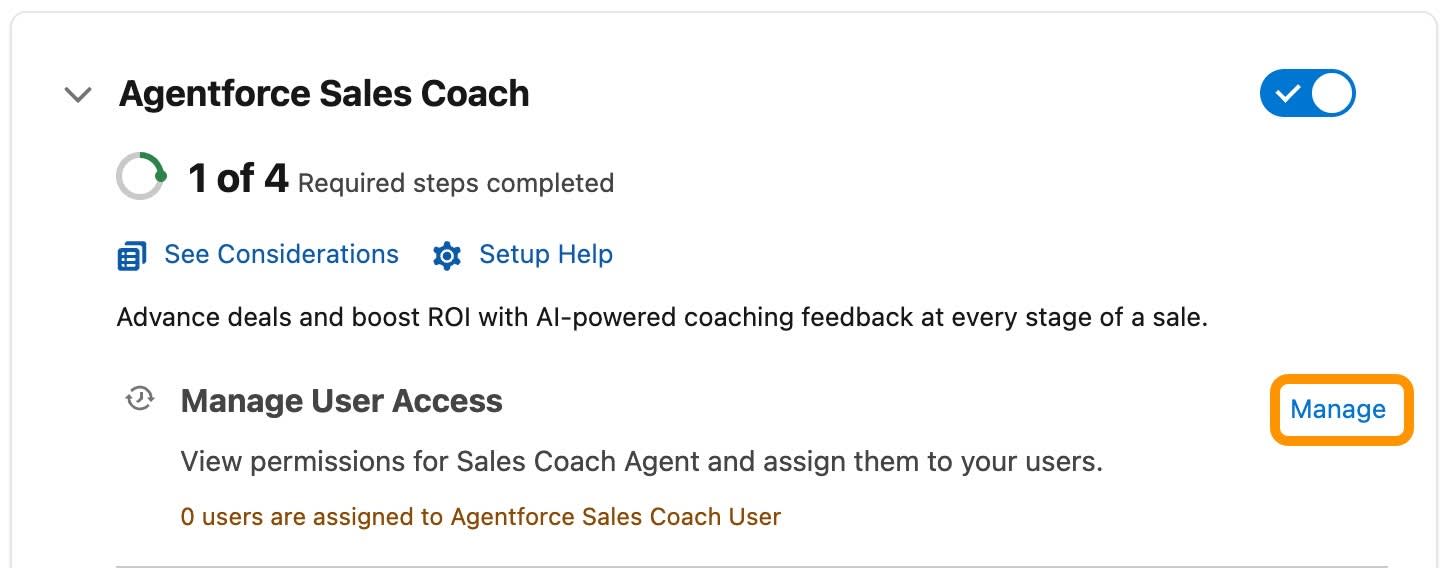 Asistente de configuración del coach de ventas de Agentforce con el botón Manage (Gestionar) resaltado.