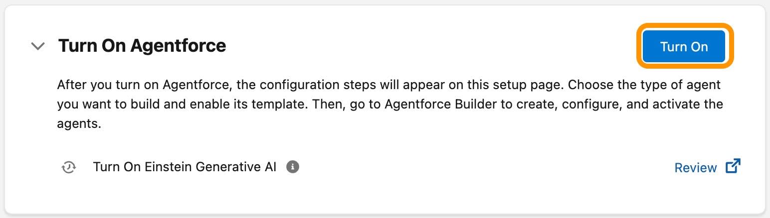 Configurazione guidata di Agentforce for Sales (Agentforce per Sales) in cui è evidenziato il pulsante Turn On Agentforce (Attiva Agentforce).