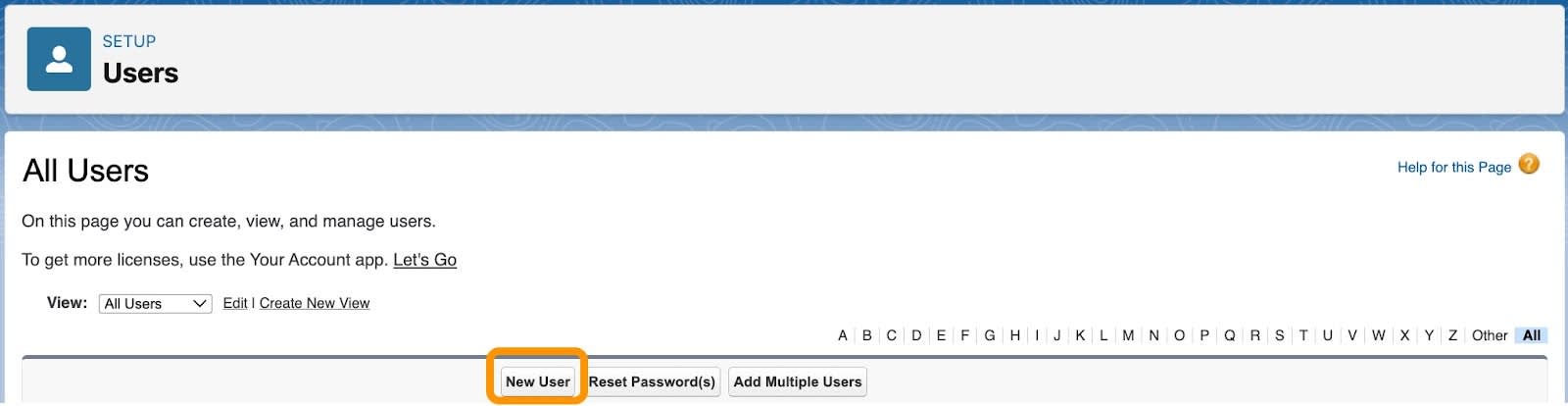 Impostazione di un nuovo utente in cui è evidenziato il pulsante New User (Nuovo utente).