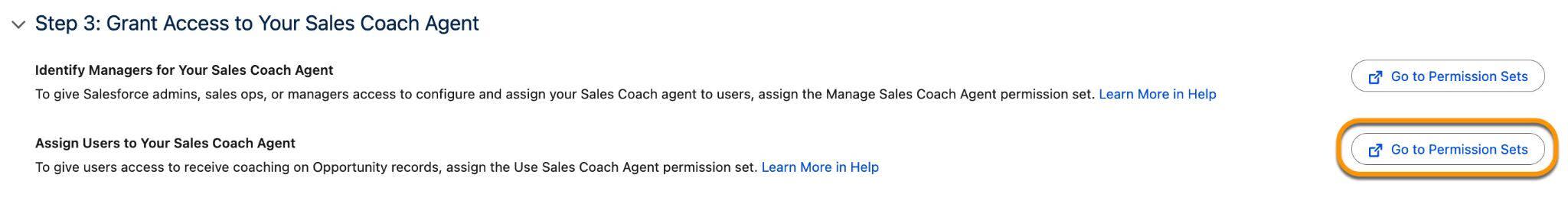 2 つ目の [Go To Permission Sets (権限セットに移動)] ボタンを指す矢印が表示されている [Sales Coach Setup (セールスコーチ設定)] の [Step 3 (ステップ 3)] ページ