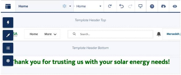 Rich Text Editor component on the Home page with text that reads, “Thank you for trusting us with your solar power needs!”