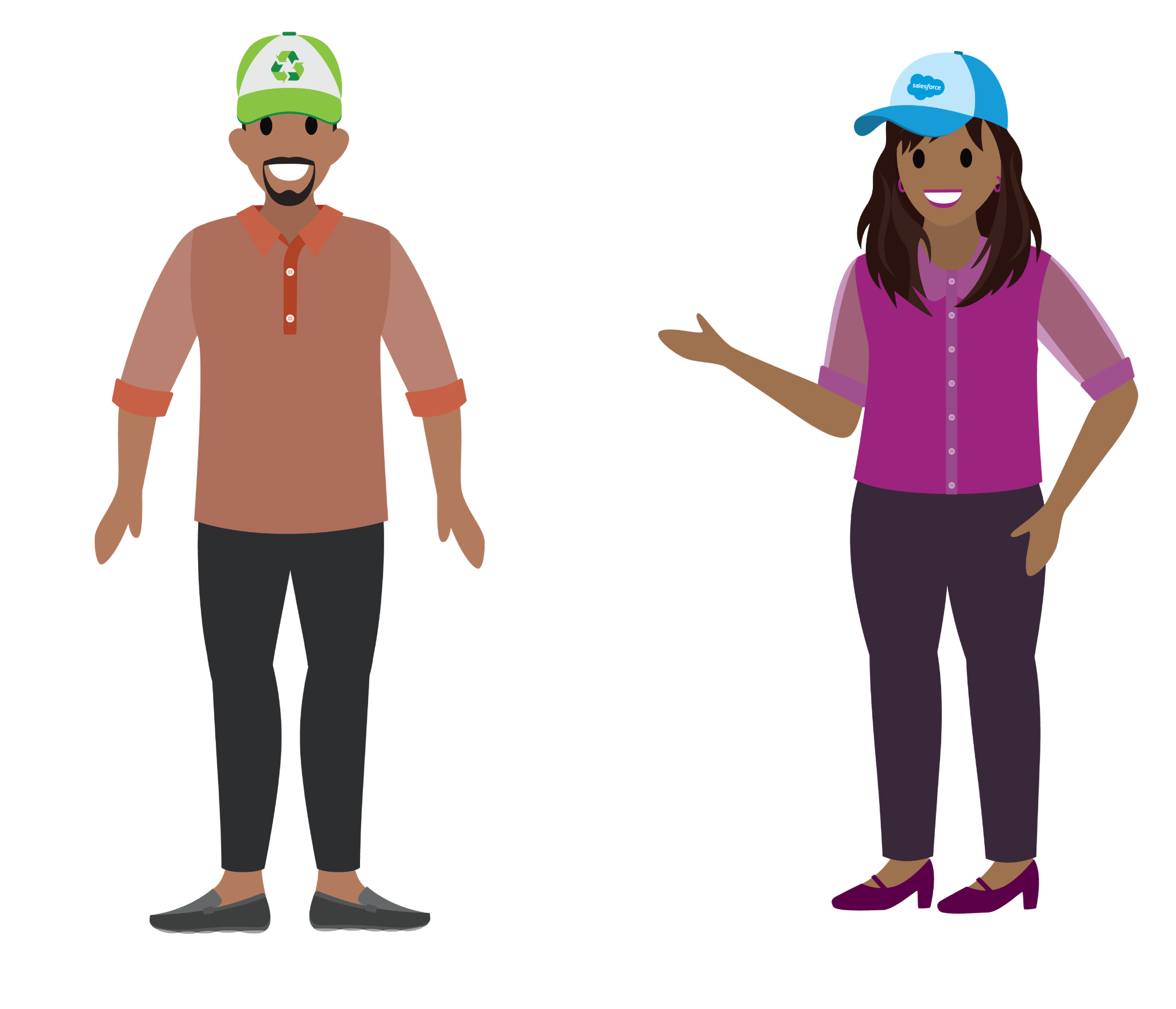 Sam and Safiya wearing their sustainability and Salesforce baseball hats.