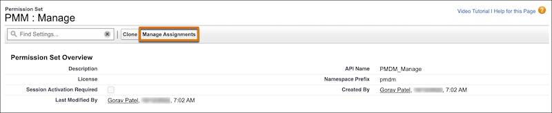 The Manage Assignments button on the PMM:Manage permission set