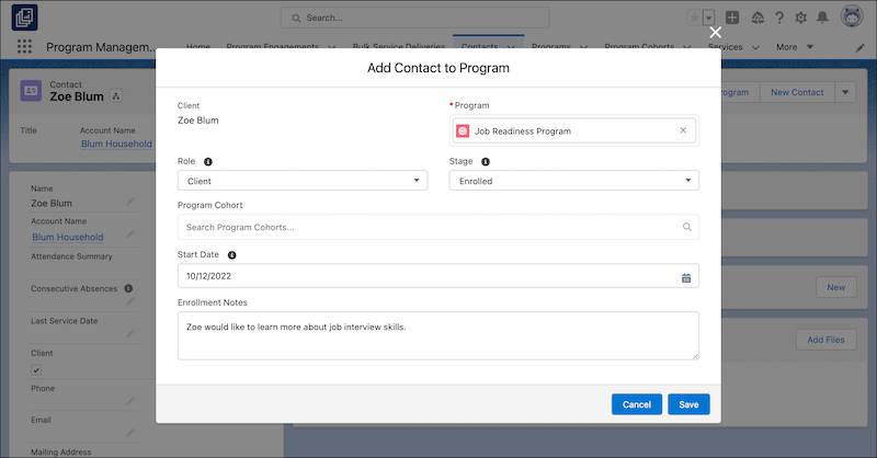The Enrollment Notes field appears on the Add Contact to Program window.