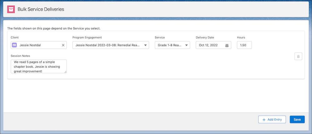 The values in the Bulk Service Deliveries window.