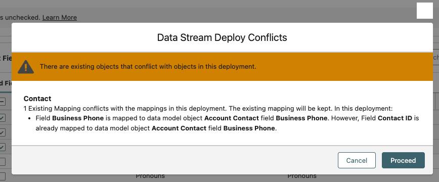 Data Stream Deploy Conflicts pop-up with options to Cancel or Proceed.