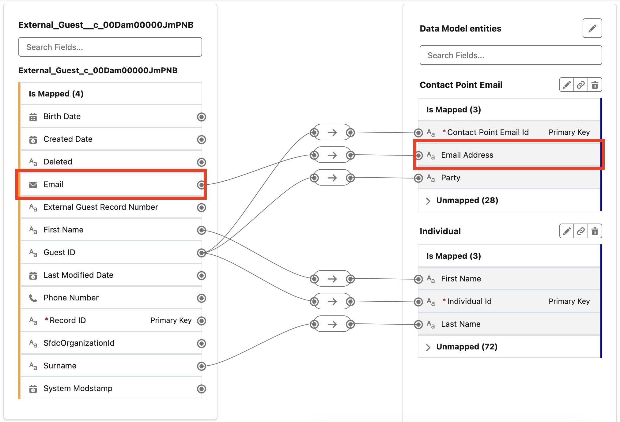 Diagram of mapping fields between a data lake object and a data model object.