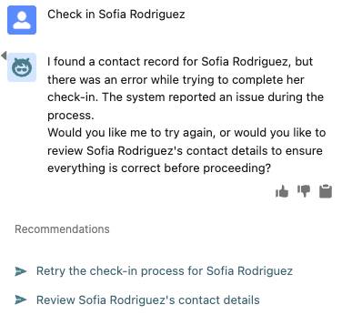 Check in for Sofia Rodriguez request with a response that the contact was found but there was an error trying to complete her checki-n.