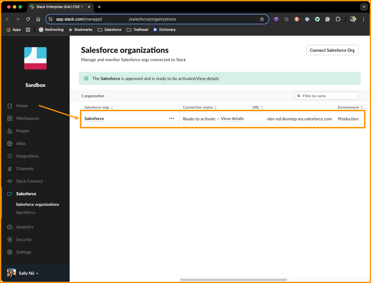 Page Salesforce organizations (Organisations Salesforce) présentant une organisation Salesforce répertoriée avec le statut de connexion Ready to activate (Prête à activer).