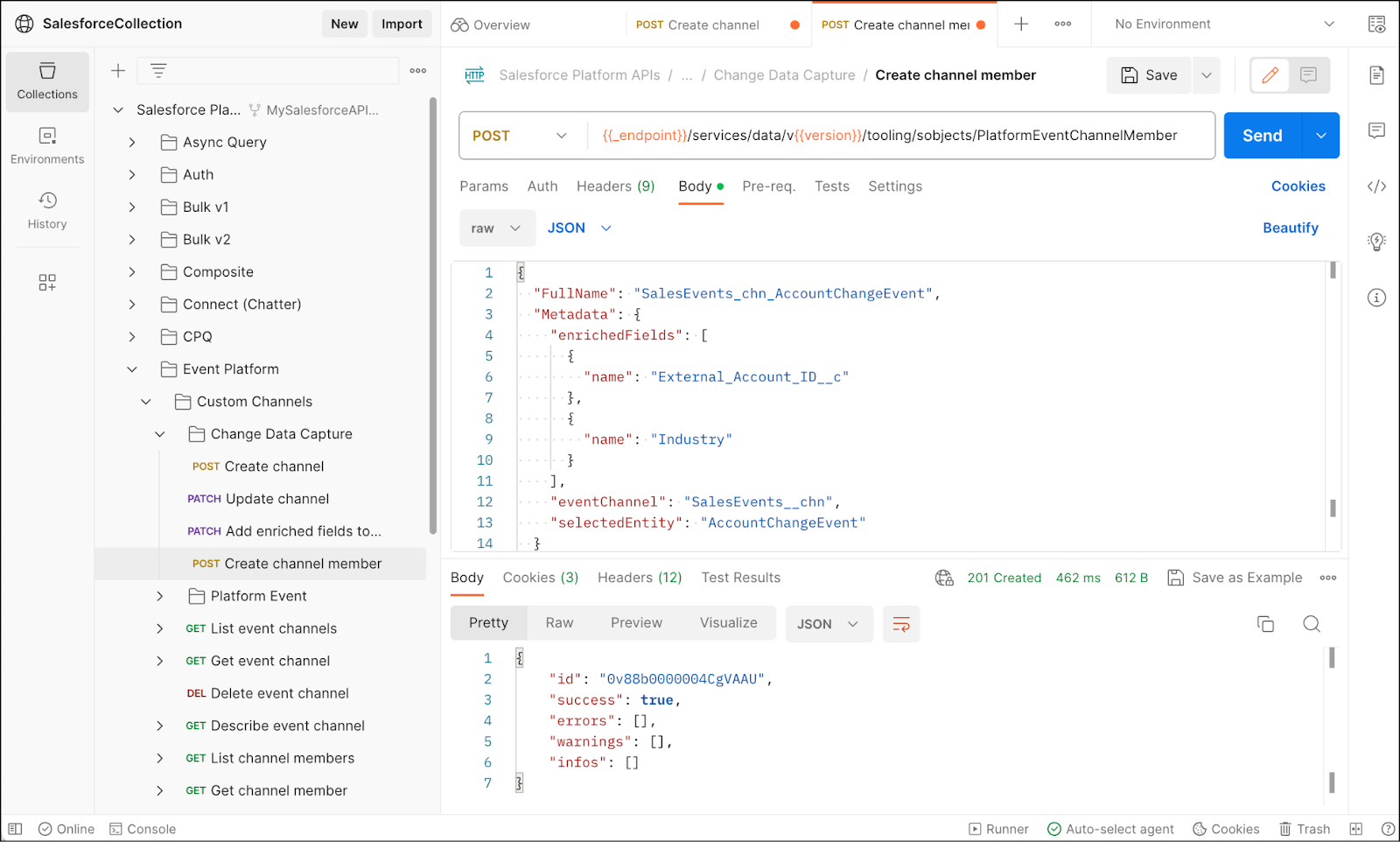 Request and response for creating a channel member in Postman.