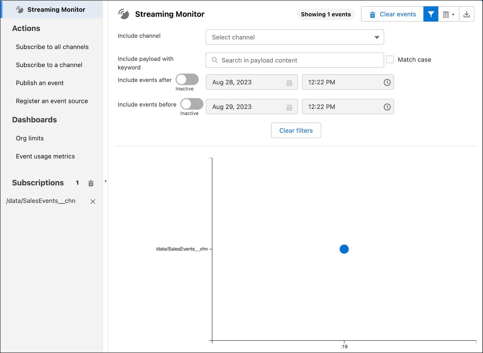 An event appears in the timeline view of Streaming Monitor